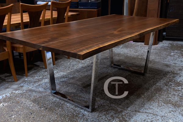 Polished Stainless Tapered Dining Table Legs with Live Edge Wood Top