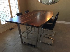 Polished Stainless Tapered Kitchen Table Legs with Live Edge Wood Top