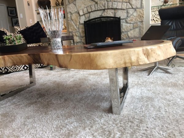 Polished Stainless Tapered Coffee Table Legs with Live Edge Wood Top