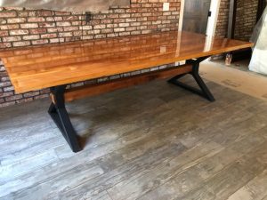 X-Beam Style metal dining table legs with live edge wood top