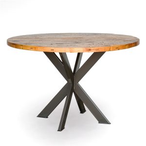 Cross-X Style Metal Table Base with Reclaimed Wood Round Tabletop