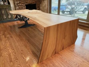 Tree Metal Table Leg with Live Edge Waterfall Wood Top