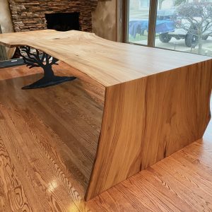 Tree Metal Table Leg with Live Edge Waterfall Wood Top