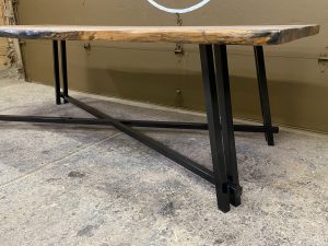 Angular X-Style Metal Table base with Live Edge Wood Dining Table Top